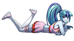 Size: 1024x569 | Tagged: safe, artist:rileyav, sonata dusk, equestria girls, rainbow rocks, adorasexy, bracelet, breasts, cheerleader outfit, clothes, commission, cute, female, jewelry, looking at you, lying down, midriff, ponytail, sexy, shoes, sideboob, simple background, skirt, smiling, sneakers, socks, solo, sonatabetes, spiked wristband, sports bra, sports shoes, thigh highs, transparent background, underwear, wristband, zettai ryouiki