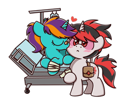 Size: 2560x2048 | Tagged: source needed, useless source url, safe, artist:sugar morning, derpibooru import, oc, oc only, oc:norfleet, oc:zaknel, pony, unicorn, :<, bag, bandage, bandaged leg, bed, blushing, chibi, colored, commission, cute, eyes closed, female, heart, hospital, kissing, lying down, male, mare, ocbetes, pink sclera, prone, red eyes, simple background, stallion, standing, straight, transparent background