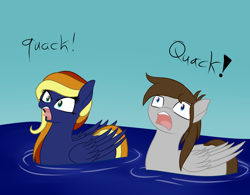 Size: 500x389 | Tagged: safe, artist:phoenixswift, oc, oc only, oc:autumn blues, oc:fuselight, duck pony, behaving like a bird, dialogue, pegaduck, simple background, solo