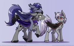 Size: 900x563 | Tagged: safe, artist:inuhoshi-to-darkpen, oc, oc only, oc:night storm, oc:onyx stone, oc:silver star, bat pony, pony, night guard, piggyback ride, unshorn fetlocks, wing claws