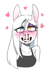 Size: 357x526 | Tagged: safe, artist:redxbacon, derpibooru import, oc, oc only, oc:rubber bunny, anthro, earth pony, anthro oc, blood, blushing, bust, clothes, eye clipping through hair, female, heart, heterochromia, mare, nosebleed, simple background, solo, white background