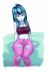 Size: 2313x3477 | Tagged: safe, artist:ambris, sonata dusk, equestria girls, belly button, clothes, cute, female, hips, jeans, looking at you, midriff, pants, sitting, solo, sonatabetes, tattered, thighs