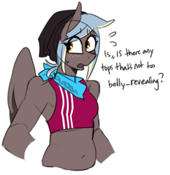 Size: 807x829 | Tagged: safe, artist:redxbacon, derpibooru import, oc, oc only, oc:skip blade, anthro, pegasus, clothes, embarrassed, solo, sports bra