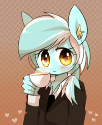 Size: 984x1200 | Tagged: safe, artist:joycall6, lyra heartstrings, anthro, ambiguous facial structure, business suit, clothes, coffee, cup, ear fluff, earbuds, solo, suit, teacup