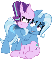 Size: 1280x1470 | Tagged: safe, artist:zvn, derpibooru import, starlight glimmer, trixie, pony, unicorn, chest fluff, female, hug, lesbian, lidded eyes, mare, shipping, simple background, smiling, startrix, transparent background