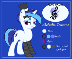 Size: 4000x3273 | Tagged: safe, artist:n0kkun, derpibooru import, oc, oc only, oc:melodic dreams, pony, unicorn, bedroom eyes, blue background, bow, clothes, ear piercing, earring, eyeshadow, female, grin, hair bow, hat, icey-verse, jewelry, magical lesbian spawn, makeup, mare, multicolored hair, offspring, parent:octavia melody, parent:vinyl scratch, parents:scratchtavia, piercing, reference sheet, simple background, smiling, socks, solo, striped socks, top hat