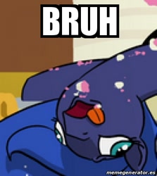 Size: 357x400 | Tagged: safe, artist:doublewbrothers, princess luna, alicorn, pony, slice of life (episode), bruh, cake, caption, cropped, derp, food, funny, image macro, meme, reaction image, solo, text, tongue out