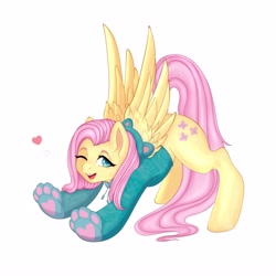 Size: 4096x4096 | Tagged: safe, artist:evlass, derpibooru import, fluttershy, pegasus, pony, animal costume, clothes, costume, female, floating heart, heart, hoodie, kigurumi, looking at you, mare, one eye closed, open mouth, simple background, solo, stretching, white background, wink