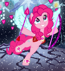 Size: 1000x1100 | Tagged: safe, artist:wissle, derpibooru import, edit, editor:katya, pinkie pie, earth pony, pony, arrow, belt, bow (weapon), bow and arrow, cupid, cute, diapinkes, female, glow, glowing eyes, heart, hearts and hooves day, holiday, hooves up, looking up, smiling, solo, sparkles, spread wings, standing, standing on one leg, tree of harmony, valentine's day, weapon, wings