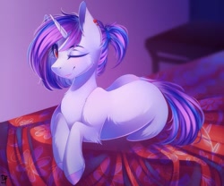 Size: 979x816 | Tagged: safe, artist:bambudess, derpibooru import, oc, oc only, oc:purpleflare, pony, unicorn, bed, bedroom, commission, ear piercing, earring, femboy, jewelry, looking at you, lying down, male, one eye closed, piercing, prone, smiling, solo, stallion, wink