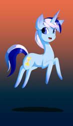 Size: 758x1294 | Tagged: safe, artist:kaephic, minuette, pony, unicorn, blue coat, female, gradient background, mare, open mouth, shadow, smiling, solo, two toned mane, two toned tail