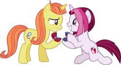 Size: 3678x1991 | Tagged: safe, artist:ironm17, derpibooru import, cayenne, citrus blush, pony, unicorn, the big mac question, citruyenne, duo, engagement ring, female, lesbian, mare, marriage proposal, raised hoof, ring, shipping, simple background, smiling, transparent background, vector