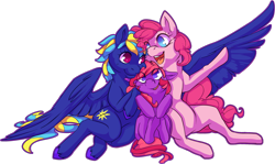 Size: 2726x1621 | Tagged: safe, artist:keekoi, pinkie pie, oc, oc:evening song, earth pony, pegasus, pony, canon x oc, female, lesbian, magical lesbian spawn, offspring, parent:oc:evening song, parent:pinkie pie, shipping