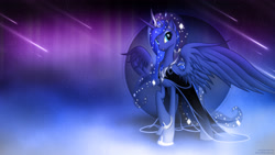 Size: 3840x2160 | Tagged: safe, artist:nemesis360, artist:romus91, princess luna, alicorn, pony, beautiful, clothes, crown, dress, female, mare, shooting star, shooting stars, solo, sparkly mane, vector, wallpaper