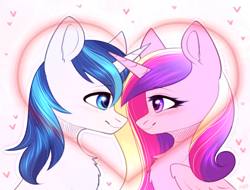 Size: 1924x1465 | Tagged: safe, artist:avrameow, derpibooru import, princess cadance, shining armor, alicorn, pony, unicorn, blushing, chest fluff, cute, ear fluff, eye contact, female, heart, holiday, looking at each other, male, mare, profile, shiningcadance, shipping, stallion, straight, valentine's day