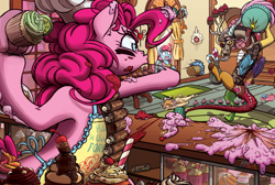 Size: 2016x1353 | Tagged: safe, artist:prismspark, cup cake, discord, pinkie pie, pony, apron, bandolier, bipedal, cake, camouflage, clothes, cupcake, fight, food, food fight, helmet, sugarcube corner