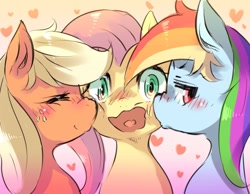 Size: 900x700 | Tagged: safe, artist:kora, applejack, fluttershy, rainbow dash, earth pony, pegasus, pony, appledash, appledashshy, appleshy, blushing, boop, cute, eyes closed, female, flutterdash, freckles, heart, kiss on the cheek, kiss sandwich, kissing, lesbian, mare, open mouth, ot3, polyamory, shipping, shy, smiling, squishy cheeks, wavy mouth, wide eyes