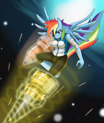 Size: 2215x2634 | Tagged: safe, artist:ss2sonic, rainbow dash, anthro, unguligrade anthro, bandage, clothes, commission, compression shorts, crossover, drill, kamen rider, kamen rider fourze, pants, rider kick, solo