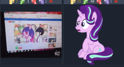 Size: 591x320 | Tagged: safe, starlight glimmer, pony, unicorn, confused, derpibooru, juxtaposition, juxtaposition win, meme, meta, youtube