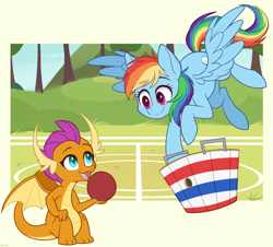 Size: 1200x1084 | Tagged: safe, artist:higglytownhero, derpibooru import, rainbow dash, smolder, dragon, pegasus, pony, basket, buckball, buckbasket, bushel basket, cute, dragoness, duo, female, flying, looking at each other, mare, open mouth, outdoors, sitting, smiling, smolderbetes, spread wings, wings