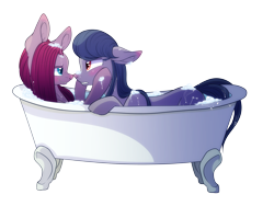 Size: 8000x6000 | Tagged: safe, artist:elskafox, pinkie pie, oc, oc:cosmia nebula, earth pony, pony, absurd resolution, bath, bathtub, boop, canon x oc, claw foot bathtub, female, lesbian, pinkamena diane pie, shipping