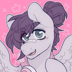 Size: 2048x2048 | Tagged: safe, artist:misocosmis, derpibooru import, oc, oc only, oc:vylet, pegasus, pony, bandaid, bust, female, hair bun, headphones, mane bun, mare, open mouth, portrait, solo, wings