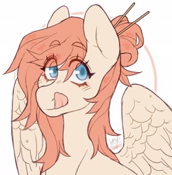 Size: 2019x2048 | Tagged: safe, artist:misocosmis, derpibooru import, oc, oc only, pegasus, pony, bust, chopsticks in hair, female, hair bun, licking, licking lips, mane bun, mare, portrait, simple background, solo, tongue out, white background, wings