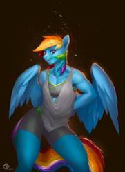 Size: 1560x2160 | Tagged: safe, artist:eosphorite, rainbow dash, anthro, pegasus, abs, armpits, clothes, female, muscles, seductive, solo, sports bra, sports shorts