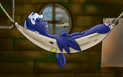 Size: 4000x2500 | Tagged: safe, artist:frecklesfanatic, oc, oc only, oc:night sky, pegasus, pony, fallout equestria, hammock, open mouth, sleeping, sunrise, underhoof, window