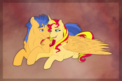 Size: 1024x680 | Tagged: dead source, safe, artist:llacky, flash sentry, sunset shimmer, pegasus, pony, unicorn, couple, cuddling, female, flashimmer, holding hooves, hug, love, male, nuzzling, open mouth, prone, shipping, smiling, snuggling, straight, winghug