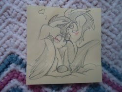 Size: 1280x960 | Tagged: safe, artist:powerjam, flash sentry, sunset shimmer, pegasus, pony, unicorn, cloud, couple, cuddling, female, flashimmer, heart, hug, kissing, male, shipping, snuggling, sticky note, straight, traditional art, winghug