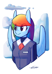 Size: 705x1000 | Tagged: safe, artist:siden, rainbow dash, oc, oc:prism wing, anthro, alternate universe, rainbow dash always dresses in style, solo, ultimare universe