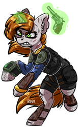Size: 1199x1911 | Tagged: safe, artist:lrusu, derpibooru import, oc, oc only, oc:littlepip, pony, unicorn, fallout equestria, angry, bruised, clothes, fanfic, fanfic art, female, glowing horn, gritted teeth, gun, handgun, hooves, horn, levitation, little macintosh, magic, mare, pipbuck, pipleg, revolver, scar, simple background, solo, telekinesis, vault suit, weapon, white background