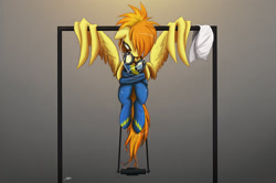 Size: 2000x1326 | Tagged: safe, artist:ncmares, spitfire, pegasus, pony, earbuds, exercise, newbie artist training grounds, pullup, solo, towel, weights, wing hands, wing-ups, wonderbolts uniform