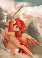 Size: 2092x2916 | Tagged: safe, artist:beardie, derpibooru import, oc, oc only, oc:cinnarose, angry, commission, female, mare, sliding, sword, weapon