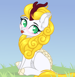 Size: 3772x3868 | Tagged: artist needed, safe, derpibooru import, oc, oc only, oc:golden wind, kirin, :p, blushing, cloven hooves, grass, kirin oc, leonine tail, looking at you, outdoors, profile, sitting, solo, tongue out
