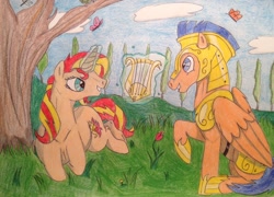 Size: 2128x1534 | Tagged: safe, artist:moonsong18, flash sentry, sunset shimmer, pegasus, pony, unicorn, female, flashimmer, male, shipping, straight, traditional art