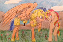 Size: 2320x1532 | Tagged: safe, artist:moonsong18, flash sentry, sunset shimmer, pegasus, pony, unicorn, female, flashimmer, male, shipping, straight, traditional art