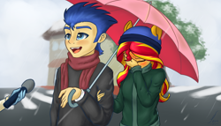 Size: 2100x1200 | Tagged: safe, artist:funnyfany, flash sentry, sunset shimmer, human, equestria girls, blizzard, blushing, clothes, covering, cute, exploitable meme, facepalm, female, flashimmer, male, meme, pony ears, scarf, shipping, snow, snowfall, special feeling, straight, sweater, umbrella