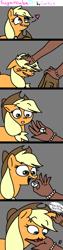 Size: 1000x4000 | Tagged: safe, artist:mushroomcookiebear, applejack, human, bracelet, comic, cute, dark skin, disembodied hand, ear scratch, hand, heart, horses doing horse things, jackabetes, licking, smiling, sugarcube, tongue out
