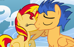 Size: 1500x950 | Tagged: safe, artist:asika-aida, flash sentry, sunset shimmer, pony, cloudsdale, couple, double rainboom puppet, female, flashimmer, kissing, love, male, shipping, straight