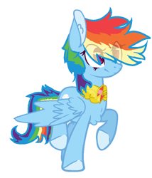 Size: 704x824 | Tagged: safe, artist:mooncresentcookie, derpibooru import, rainbow dash, pegasus, pony, base used, cute, dashabetes, element of loyalty, eye clipping through hair, female, mare, raised hoof, simple background, smiling, solo, spread wings, white background, wings