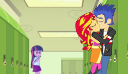 Size: 1740x1010 | Tagged: safe, artist:dm29, flash sentry, sunset shimmer, twilight sparkle, twilight sparkle (alicorn), human, equestria girls, betrayal, canterlot high, female, flashimmer, humanized, lockers, love triangle, making out, male, pencil, shipping, straight, teary eyes, trio