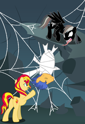 Size: 2570x3733 | Tagged: safe, artist:gamerpen, flash sentry, rainbow dash, sunset shimmer, pegasus, pony, unicorn, bondage, cocoon, crossover, female, flashimmer, male, shipping, spider web, spider-man, straight, symbiote, venom