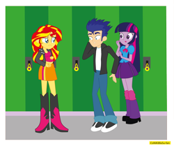 Size: 3656x3053 | Tagged: safe, artist:conikiblasu-fan, flash sentry, sunset shimmer, twilight sparkle, equestria girls, belly button, breasts, clothes, female, flashimmer, flashlight, male, pregnant, pregnant equestria girls, shipping, straight, teen pregnancy