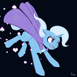 Size: 2098x2098 | Tagged: safe, artist:kerpupu, derpibooru import, trixie, pony, unicorn, angry, black background, cape, clothes, female, hatless, mare, missing accessory, shark teeth, simple background, solo