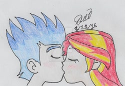 Size: 1024x709 | Tagged: safe, artist:jen-izzy93, flash sentry, sunset shimmer, equestria girls, eyes closed, female, flashimmer, kissing, male, shipping, straight, traditional art, watermark