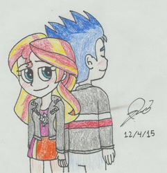 Size: 1004x1042 | Tagged: safe, artist:jen-izzy93, flash sentry, sunset shimmer, equestria girls, female, flashimmer, male, shipping, straight, traditional art