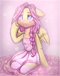 Size: 2000x2500 | Tagged: safe, artist:zefirka, derpibooru import, fluttershy, pegasus, pony, semi-anthro, alternate hairstyle, blushing, braid, clothes, cute, dress, female, fluffy, mare, shyabetes, sitting, solo, stockings, thigh highs