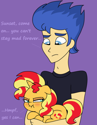 Size: 840x1088 | Tagged: safe, artist:purfectprincessgirl, flash sentry, sunset shimmer, human, pony, unicorn, equestria girls, blushing, crossed arms, cute, duo, female, flashimmer, floppy ears, holding a pony, humanized, madorable, male, mare, pouting, purple background, scrunchy face, shimmerbetes, shipping, simple background, straight, tsundere, tsunset shimmer